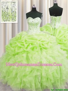 Sumptuous Visible Boning Yellow Green Ball Gowns Beading and Ruffles and Pick Ups Sweet 16 Dress Lace Up Organza Sleeveless Floor Length
