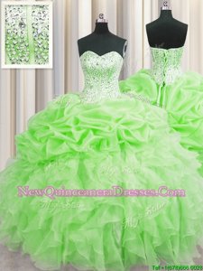 Delicate Visible Boning Spring Green Ball Gowns Organza Sweetheart Sleeveless Beading and Ruffles and Pick Ups Floor Length Lace Up Quinceanera Dresses