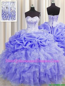 High Quality Visible Boning Floor Length Lavender 15 Quinceanera Dress Organza Sleeveless Spring and Summer and Fall and Winter Beading and Ruffles and Pick Ups