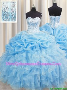 Eye-catching Visible Boning Baby Blue Lace Up Sweetheart Beading and Ruffles and Pick Ups 15th Birthday Dress Organza Sleeveless