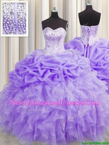 Dramatic Visible Boning Lavender Sweetheart Lace Up Beading and Ruffles and Pick Ups Sweet 16 Dress Sleeveless