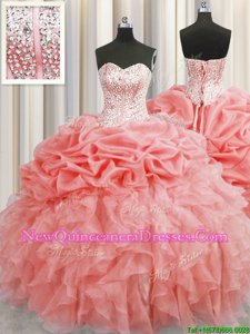 New Arrival Visible Boning Watermelon Red Sweetheart Neckline Ruffles and Pick Ups Quince Ball Gowns Sleeveless Lace Up