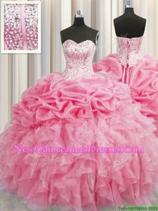 Most Popular Visible Boning Beading and Ruffles Quinceanera Dress Rose Pink Lace Up Sleeveless Floor Length
