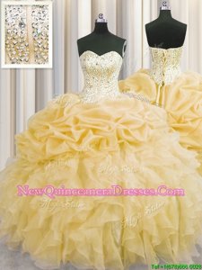 Attractive Visible Boning Gold Sleeveless Floor Length Beading and Ruffles Lace Up Quinceanera Gowns