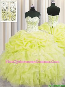 Superior Visible Boning Floor Length Yellow Green Sweet 16 Dresses Organza Sleeveless Spring and Summer and Fall and Winter Beading and Ruffles