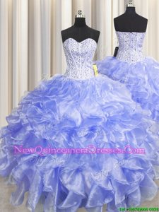 Fine Visible Boning Zipper Up Lavender Quinceanera Dress Military Ball and Sweet 16 and Quinceanera and For withBeading and Ruffles Sweetheart Sleeveless Zipper