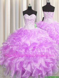 Fantastic Visible Boning Zipper Up Lilac Sweetheart Zipper Beading and Ruffles 15th Birthday Dress Sleeveless