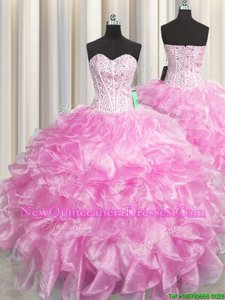 Custom Made Visible Boning Zipper Up Rose Pink Sleeveless Organza Zipper 15 Quinceanera Dress for Military Ball and Sweet 16 and Quinceanera