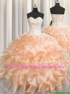 Fancy Visible Boning Zipper Up Organza Sweetheart Sleeveless Zipper Beading and Ruffles Sweet 16 Dress inPeach