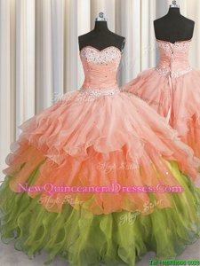 Sweet Floor Length Multi-color Quinceanera Gowns Organza Sleeveless Spring and Summer and Fall and Winter Beading and Ruffles and Ruffled Layers and Sequins