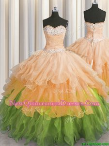 Fantastic Multi-color Sweetheart Neckline Beading and Ruffles and Ruffled Layers and Sequins Ball Gown Prom Dress Sleeveless Lace Up
