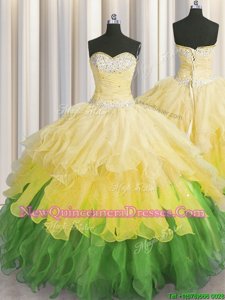 Multi-color Ball Gowns Beading and Ruffles and Ruffled Layers and Sequins Quince Ball Gowns Lace Up Organza Sleeveless Floor Length