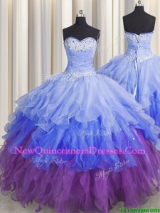 Wonderful Multi-color Organza Zipper 15 Quinceanera Dress Sleeveless Floor Length Beading and Ruffles and Ruffled Layers and Sequins