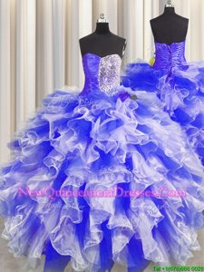 Sexy Blue And White Organza Lace Up Vestidos de Quinceanera Sleeveless Floor Length Beading and Ruffles and Ruching
