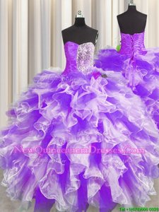 Elegant White And Purple Lace Up Sweetheart Beading and Ruffles and Ruching 15th Birthday Dress Organza Sleeveless