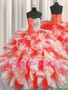 Romantic Red Sleeveless Beading and Ruffles Floor Length Vestidos de Quinceanera