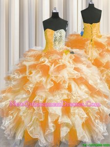 Admirable Floor Length Lace Up Ball Gown Prom Dress Orange and In for Military Ball and Sweet 16 and Quinceanera withBeading and Ruffles