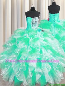 Custom Made Apple Green Sleeveless Floor Length Beading and Ruffles Lace Up 15 Quinceanera Dress