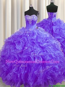 Perfect Lavender Sweetheart Lace Up Beading and Ruffles Quinceanera Dresses Brush Train Sleeveless