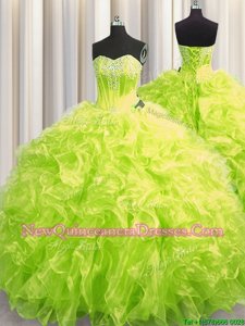 Discount Organza Sweetheart Long Sleeves Brush Train Lace Up Beading and Ruffles Sweet 16 Quinceanera Dress inYellow Green