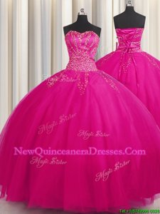 Decent Big Puffy Floor Length Ball Gowns Sleeveless Fuchsia Vestidos de Quinceanera Lace Up