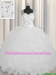 Dazzling See Through Zipper Up White Square Neckline Beading and Ruffles Quinceanera Gowns Sleeveless Zipper