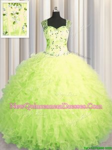 High End See Through Zipper Up Yellow Green Tulle Zipper Straps Sleeveless Floor Length Vestidos de Quinceanera Beading and Ruffles