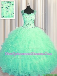 Fantastic See Through Zipper Up Turquoise Tulle Zipper 15 Quinceanera Dress Sleeveless Floor Length Beading and Ruffles