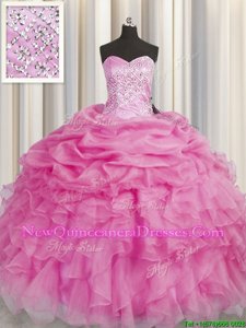 Sumptuous Floor Length Rose Pink Ball Gown Prom Dress Sweetheart Sleeveless Lace Up