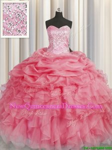 Wonderful Sleeveless Floor Length Beading and Ruffles Lace Up Sweet 16 Quinceanera Dress with Coral Red