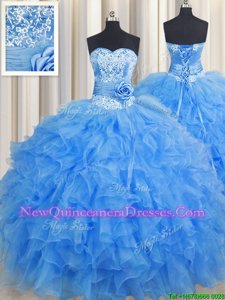 Dynamic Handcrafted Flower Floor Length Baby Blue Quince Ball Gowns Organza Sleeveless Spring and Summer and Fall and Winter Beading and Ruffles and Hand Made Flower