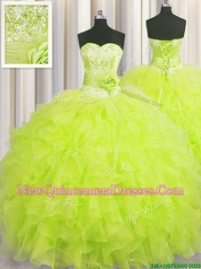 Stunning Handcrafted Flower Yellow Green Ball Gowns Beading and Ruffles and Hand Made Flower Ball Gown Prom Dress Lace Up Organza Sleeveless Floor Length