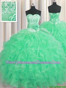 Glittering Handcrafted Flower Organza Sweetheart Sleeveless Lace Up Beading and Ruffles and Hand Made Flower Quinceanera Gown inApple Green