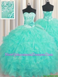 Hot Sale Handcrafted Flower Floor Length Lace Up Quinceanera Gowns Aqua Blue and In for Military Ball and Sweet 16 and Quinceanera withBeading and Ruffles and Hand Made Flower