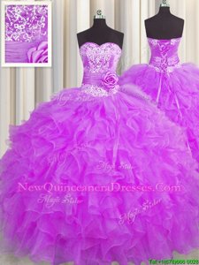 Sexy Handcrafted Flower Sleeveless Floor Length Beading and Ruffles and Hand Made Flower Lace Up Quinceanera Dress with Purple