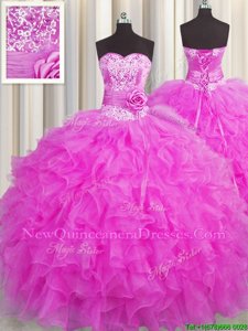 Attractive Handcrafted Flower Fuchsia Sweet 16 Quinceanera Dress Military Ball and Sweet 16 and Quinceanera and For withBeading and Ruffles and Hand Made Flower Sweetheart Sleeveless Lace Up