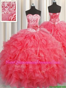 Wonderful Handcrafted Flower Sleeveless Ruffles and Hand Made Flower Lace Up Sweet 16 Dresses