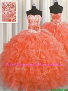 Most Popular Handcrafted Flower Floor Length Ball Gowns Sleeveless Orange Red Quinceanera Dresses Lace Up