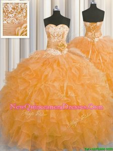 Custom Fit Handcrafted Flower Sleeveless Organza Floor Length Lace Up Quinceanera Dresses inOrange withBeading and Ruffles and Hand Made Flower