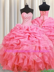 Best Selling Halter Top Spring and Summer and Fall and Winter Organza Sleeveless Floor Length Vestidos de Quinceanera andBeading and Ruffles and Pick Ups