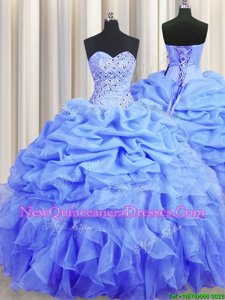 Beauteous Organza Sweetheart Sleeveless Lace Up Beading and Ruffles and Pick Ups Quinceanera Gown inLavender
