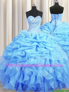 Gorgeous Baby Blue Organza Backless Sweetheart Sleeveless Floor Length Vestidos de Quinceanera Beading and Ruffles and Pick Ups