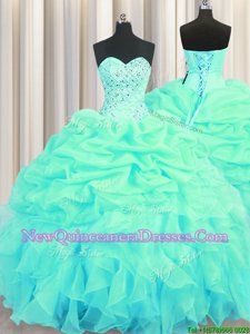 Edgy Floor Length Turquoise Quinceanera Gowns Organza Sleeveless Spring and Summer and Fall and Winter Beading and Ruffles and Pick Ups