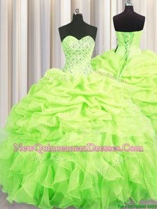 Fashionable Yellow Green Ball Gowns Sweetheart Sleeveless Organza Floor Length Lace Up Beading and Ruffles and Pick Ups Sweet 16 Quinceanera Dress