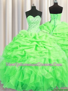 Perfect Spring Green Organza Lace Up Quinceanera Dress Sleeveless Floor Length Beading and Ruffles and Pick Ups