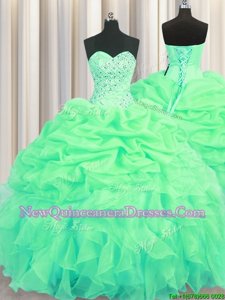 Sweet Green Ball Gowns Beading and Ruffles and Pick Ups 15th Birthday Dress Lace Up Organza Sleeveless Floor Length