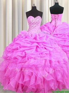 Stunning Sweetheart Sleeveless Vestidos de Quinceanera Floor Length Beading and Ruffles and Pick Ups Rose Pink Organza