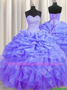 Pretty Spring and Summer and Fall and Winter Organza Sleeveless Floor Length Sweet 16 Dresses andBeading and Ruffles and Pick Ups