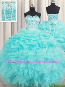 Pretty Visible Boning Floor Length Lace Up Quinceanera Dress Baby Blue and In for Military Ball and Sweet 16 and Quinceanera withBeading and Ruffles and Pick Ups