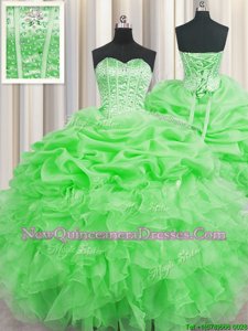 Great Visible Boning Green Sleeveless Floor Length Beading and Ruffles and Pick Ups Lace Up Sweet 16 Quinceanera Dress